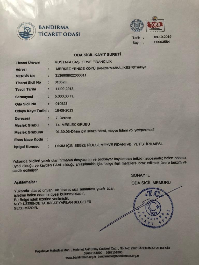 Bitki Pasaportu Kayıt Belgesi